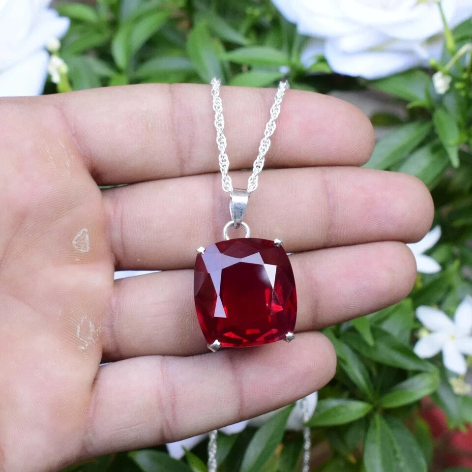 30 Ct Natural Red Ruby Pendant 925 Sterling Silver Cushion Cut Gemstone Jewelry