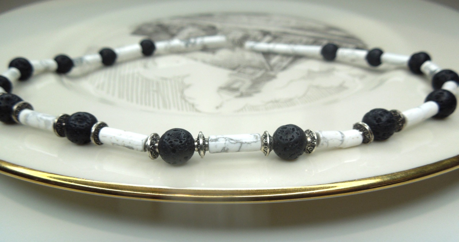 Howlite and Lava Rock Beaded Choker Necklace Stylish Handmade