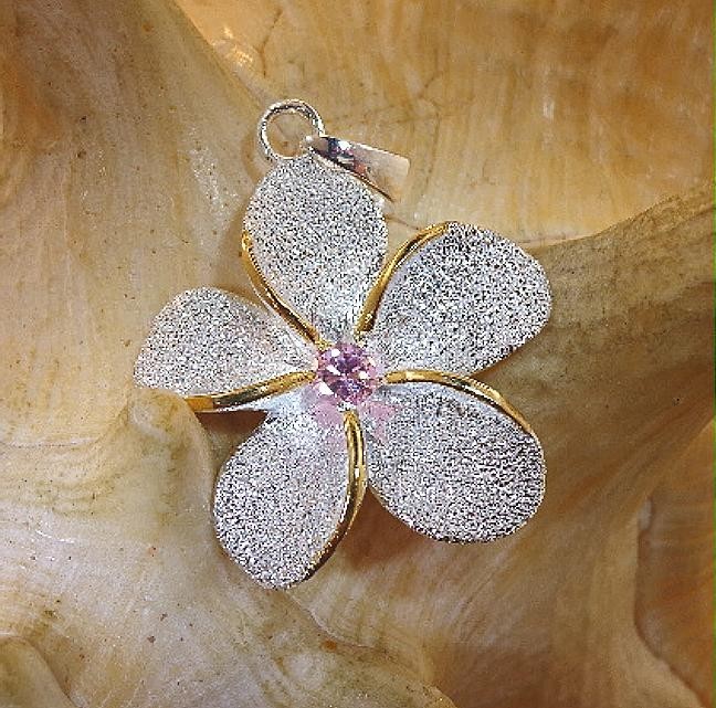 26mm Yellow Gold Plated 925 Silver DC Sand Hawaiian Plumeria Pink CZ Pendant