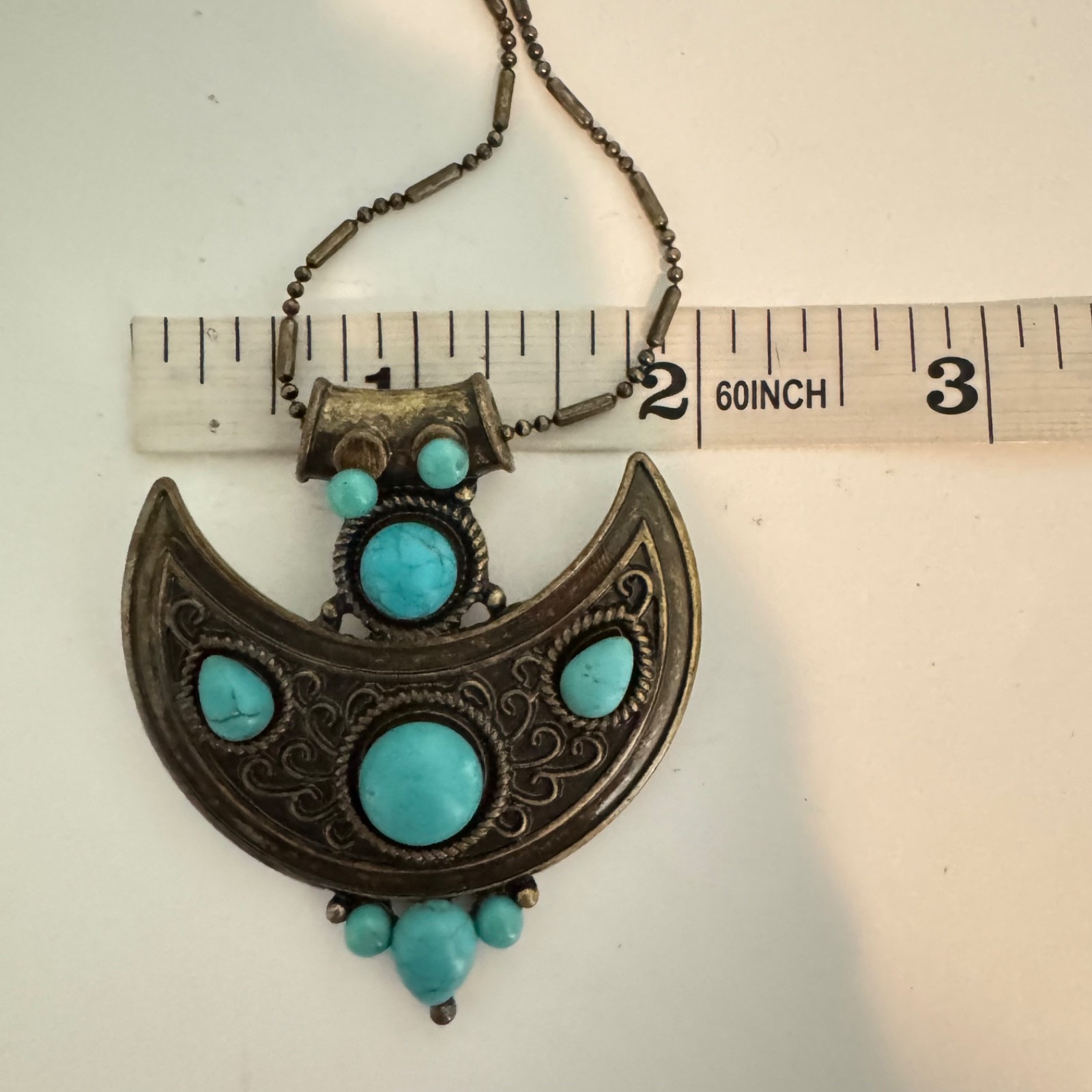 Vintage Boho Crescent Moon Pendant Necklace Faux Turquoise Antique Bronze Chain