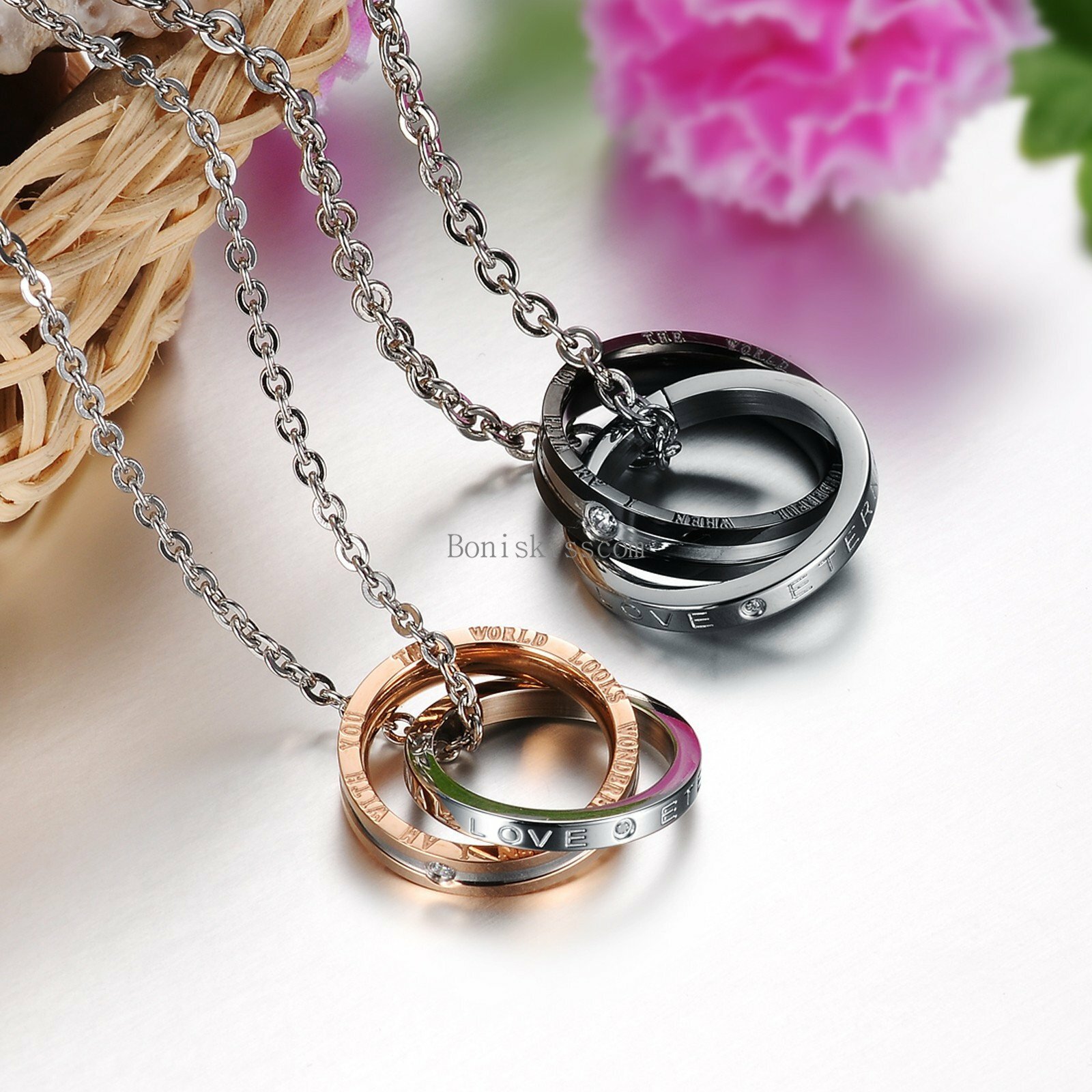 Eternal Love Interlocking Ring His and Hers Matching Couples Pendant Necklace