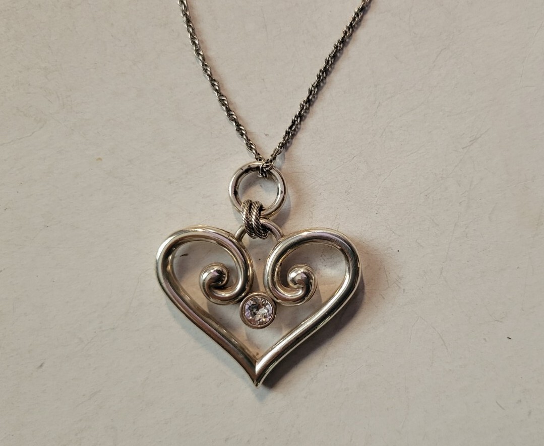 Brighton ALCAZAR HEART Silver Large Thick Open Heart Crystal Long Necklace, NWOT