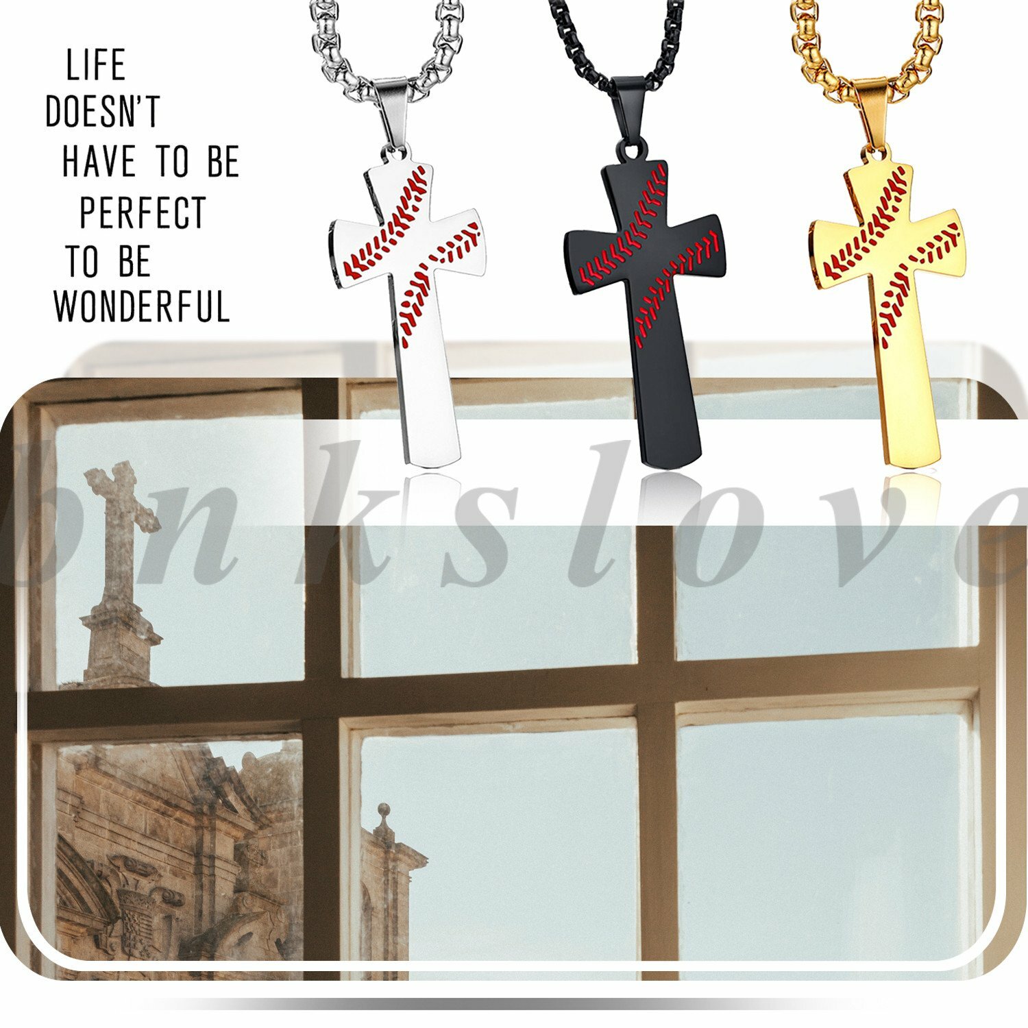 Mens Boys Stainless Steel Baseball Cross Pendant Necklace Bible Verse on Back