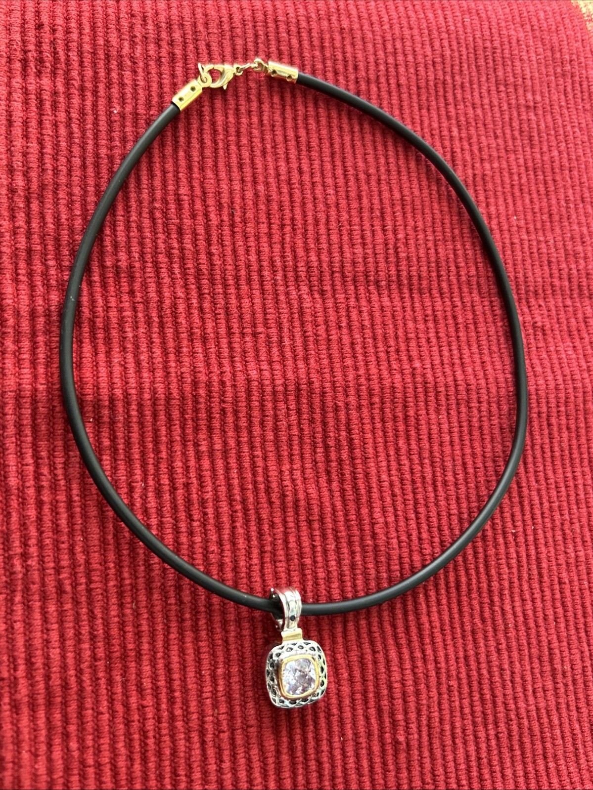 Gold And Silver Tone Square Pink Lab Diamond Pendant Necklace On Black Cord 16”