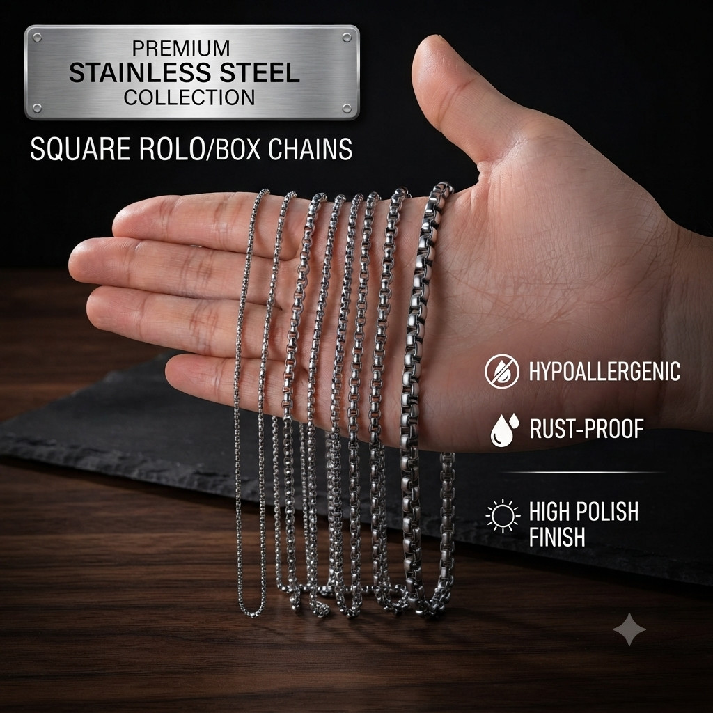 Stainless Steel with Square Rolo Link Chain box, Necklace for Women