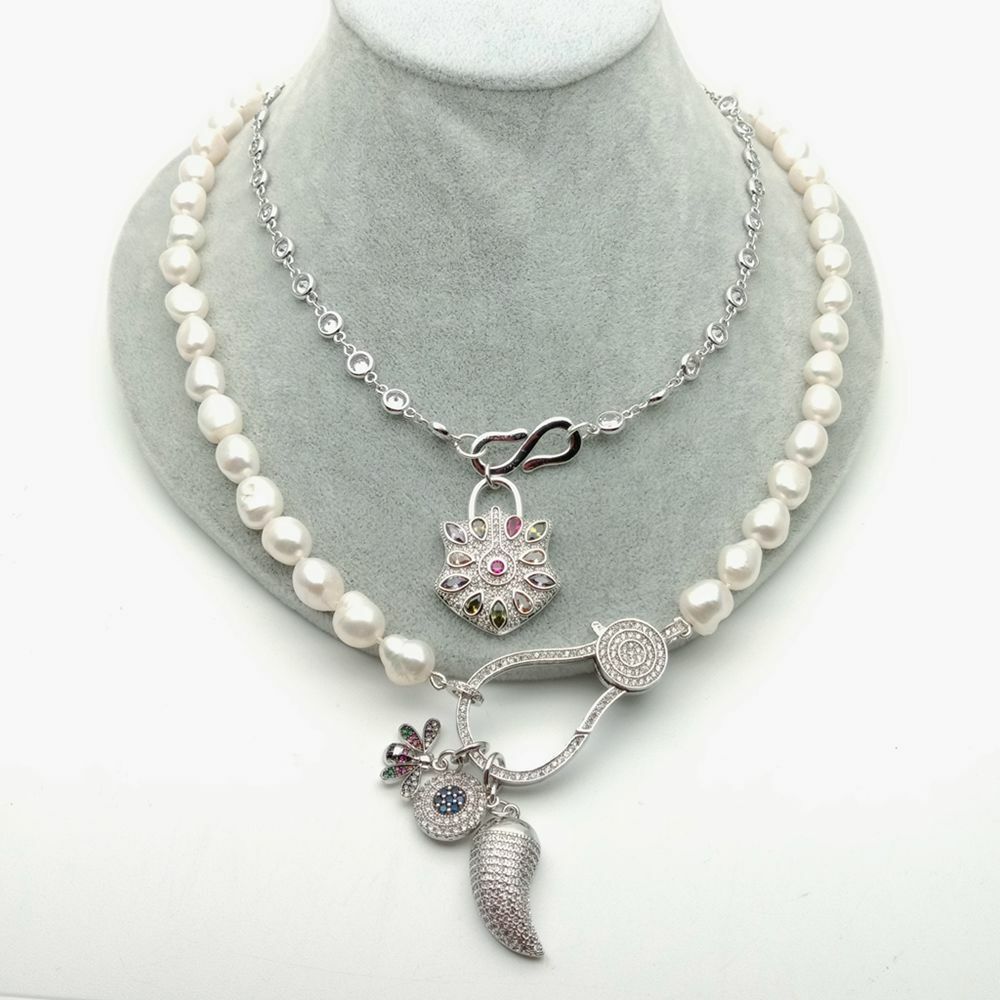 2 rows Cultured White Baroque Pearl Cz pave Drop Charm Necklace 19”