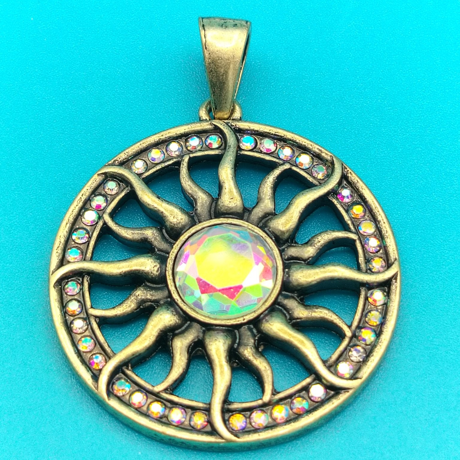 Sunburst Pendant AB Rhinestone Antique Gold Tone Celestial Boho Jewelry