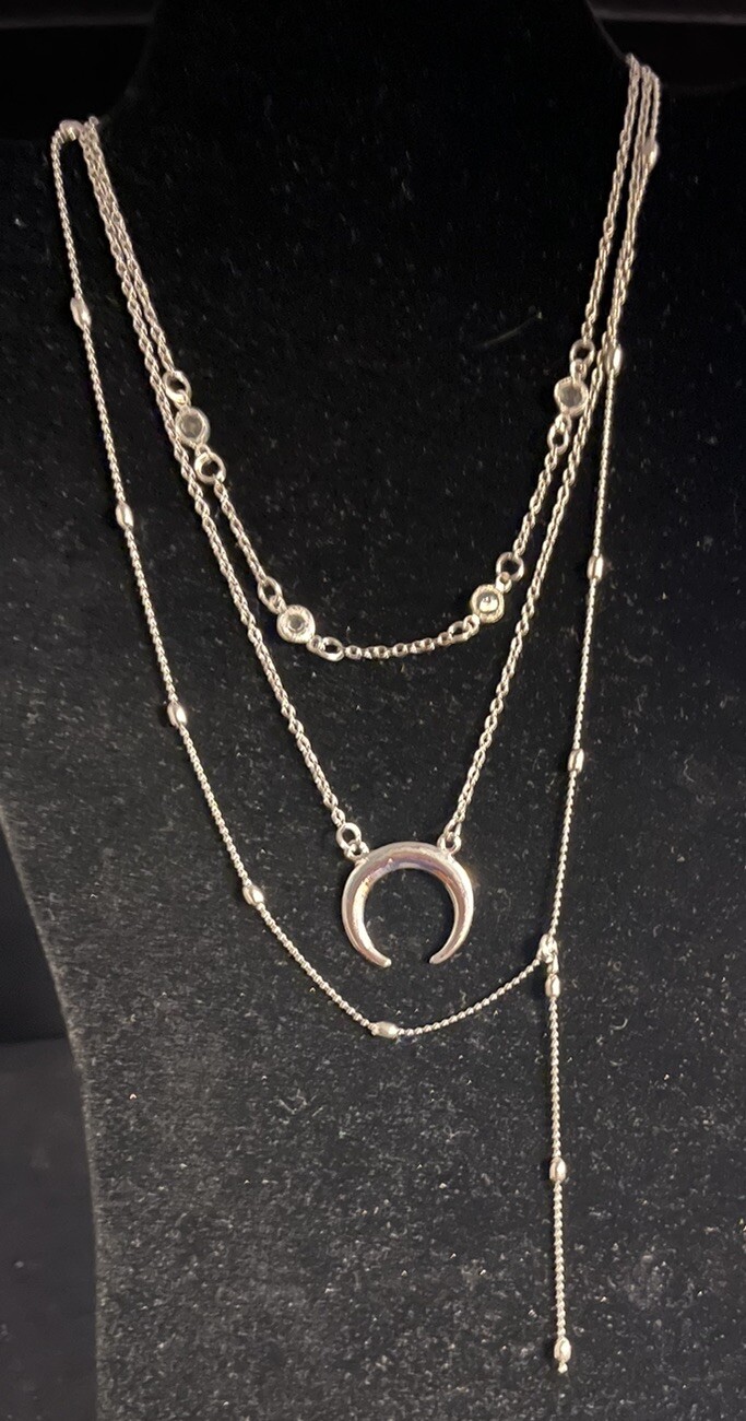 Three Strand Asymmetrical Beads Moon And Balls Pendant Silver Tone Necklace 16”