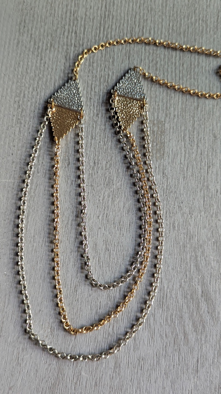 Layered Chain Necklace Three Strands, Two-Tone, Gold Silver 33″ Long Necklace
