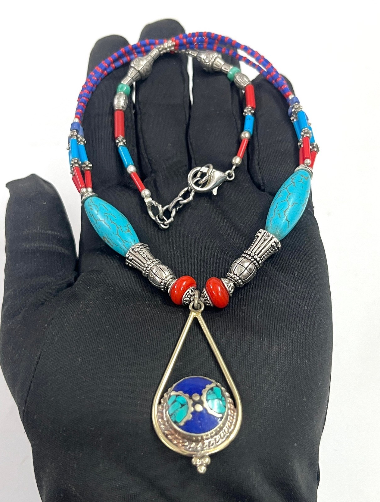 Lapis Lazuli Turquoise Gemstone Tibetan Bohemian Necklace Jewelry, 18 Inc Adjst