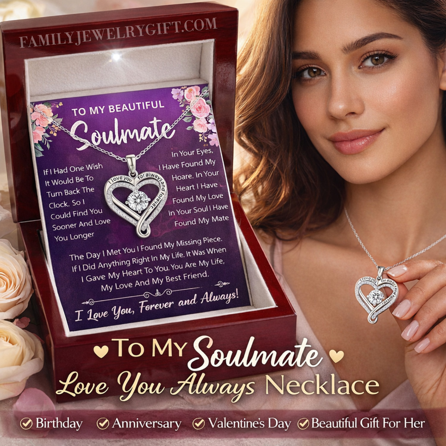 To My Soulmate Wife Necklace Gift For Her Love You Always Heart Necklace Gift 🎁