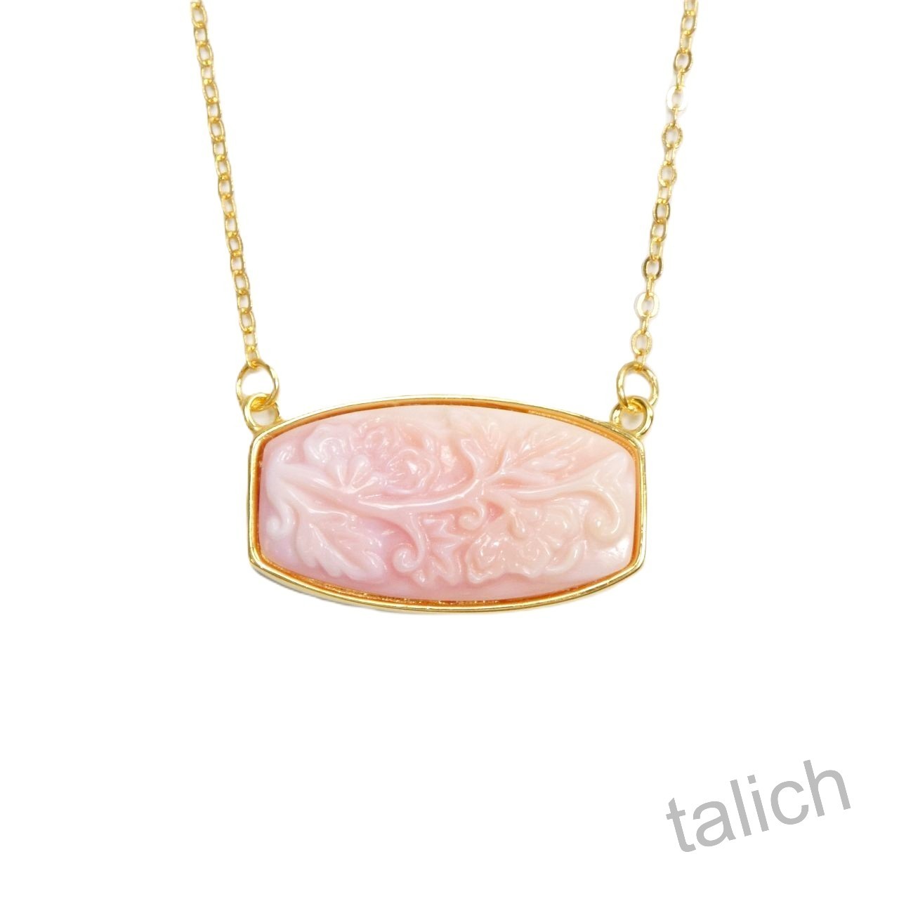 18K Gold Over Sterling Silver Pink Conch Shell Floral Cameo Bar Pendant Necklace