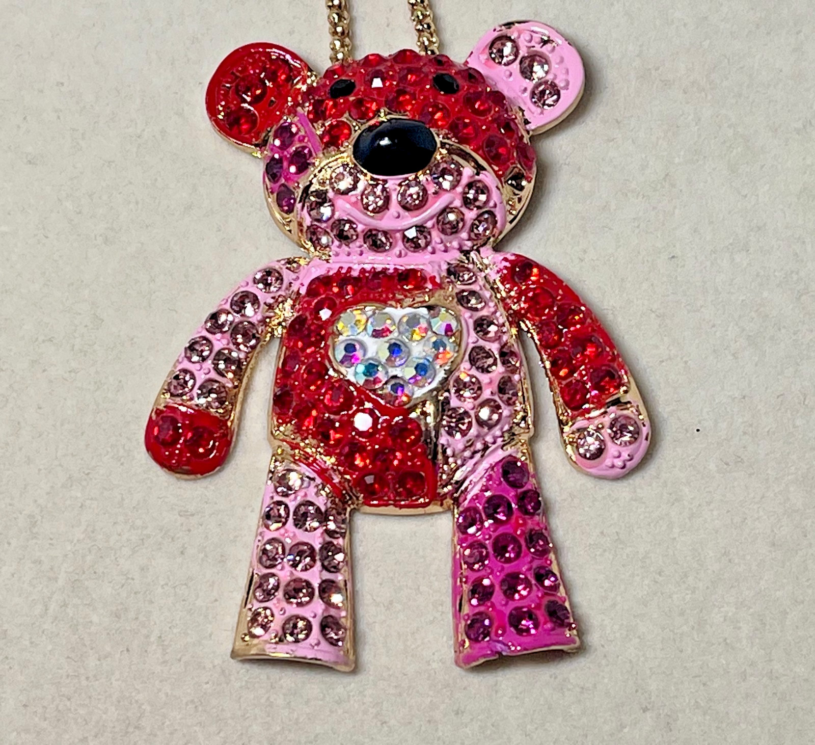Betsey Johnson 2.5″ Pink & Red Teddy Bear Pendant Necklace 23″ Gold Tone