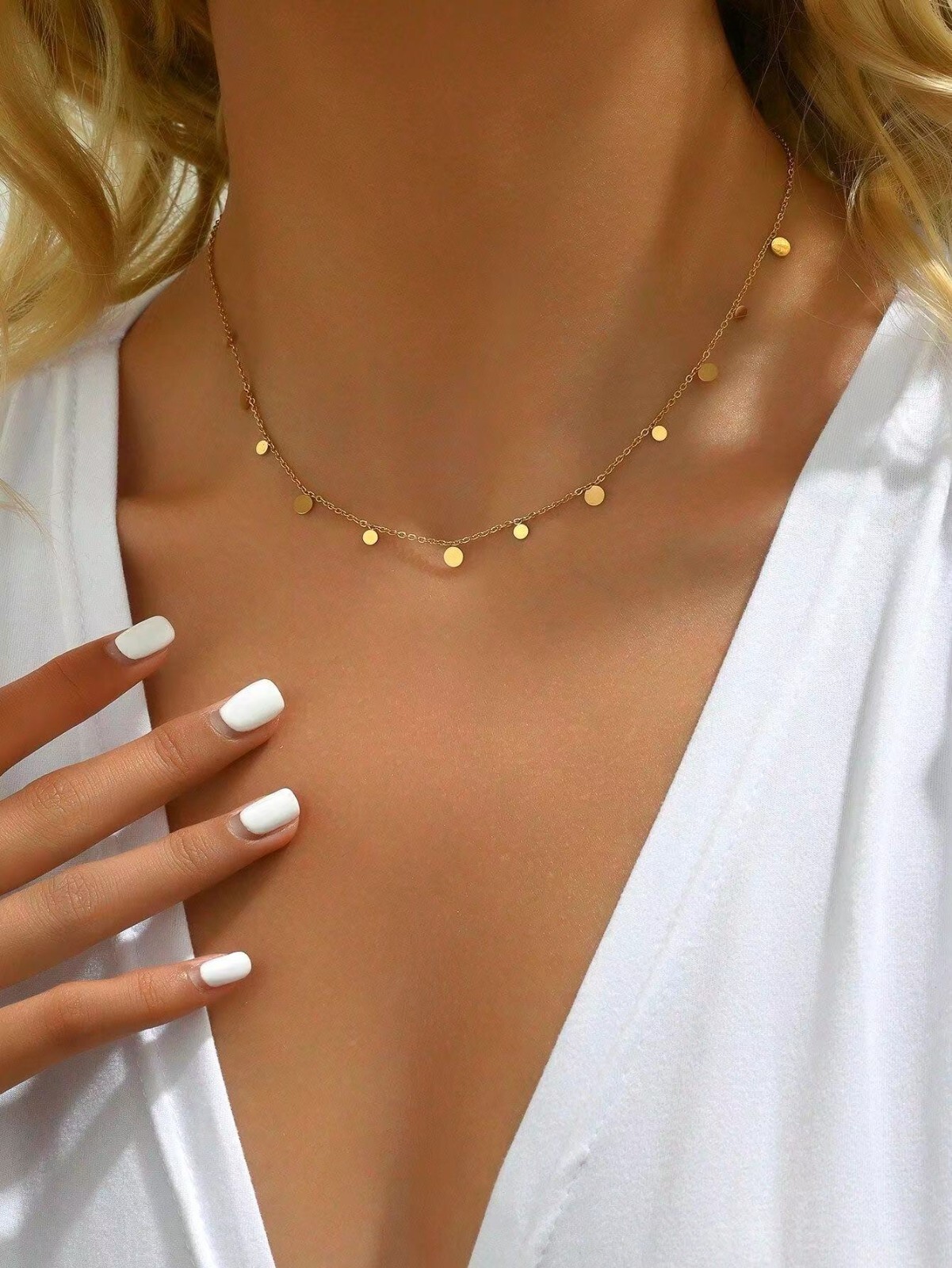 Gold Titanium Stainless Steel Disc Dangle Beads Chain Necklace Choker PE7