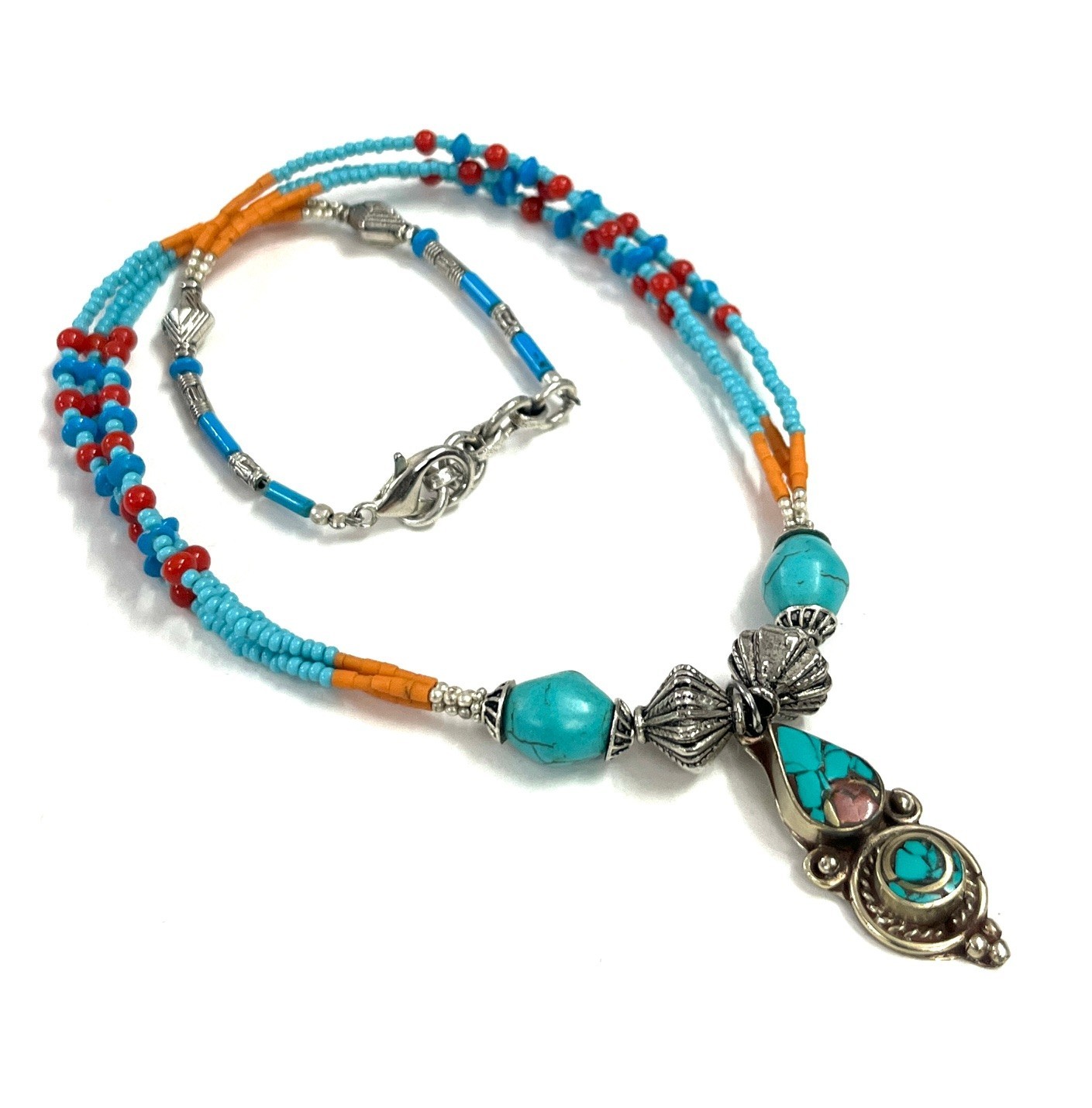 Handcrafted Turquoise Coral Gemstone Tibetan Necklace Jewelry, 17 inch Adjus
