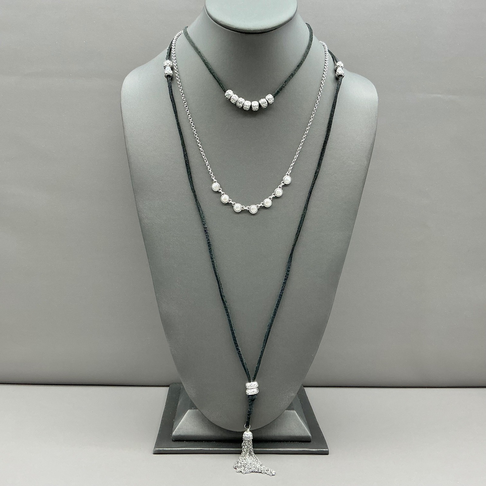 Lucky Brand Necklace Womens Silver Tone Layered Faux Leather Tassel 30 Inch