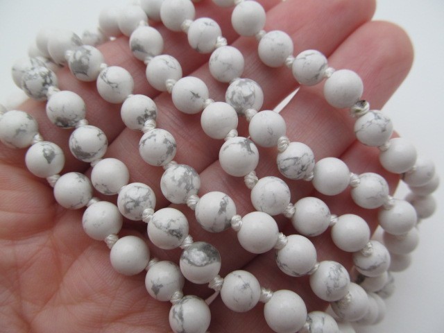White Marbled Grey Natural Howlite 6.5mm Knotted Stone Necklace 30 In