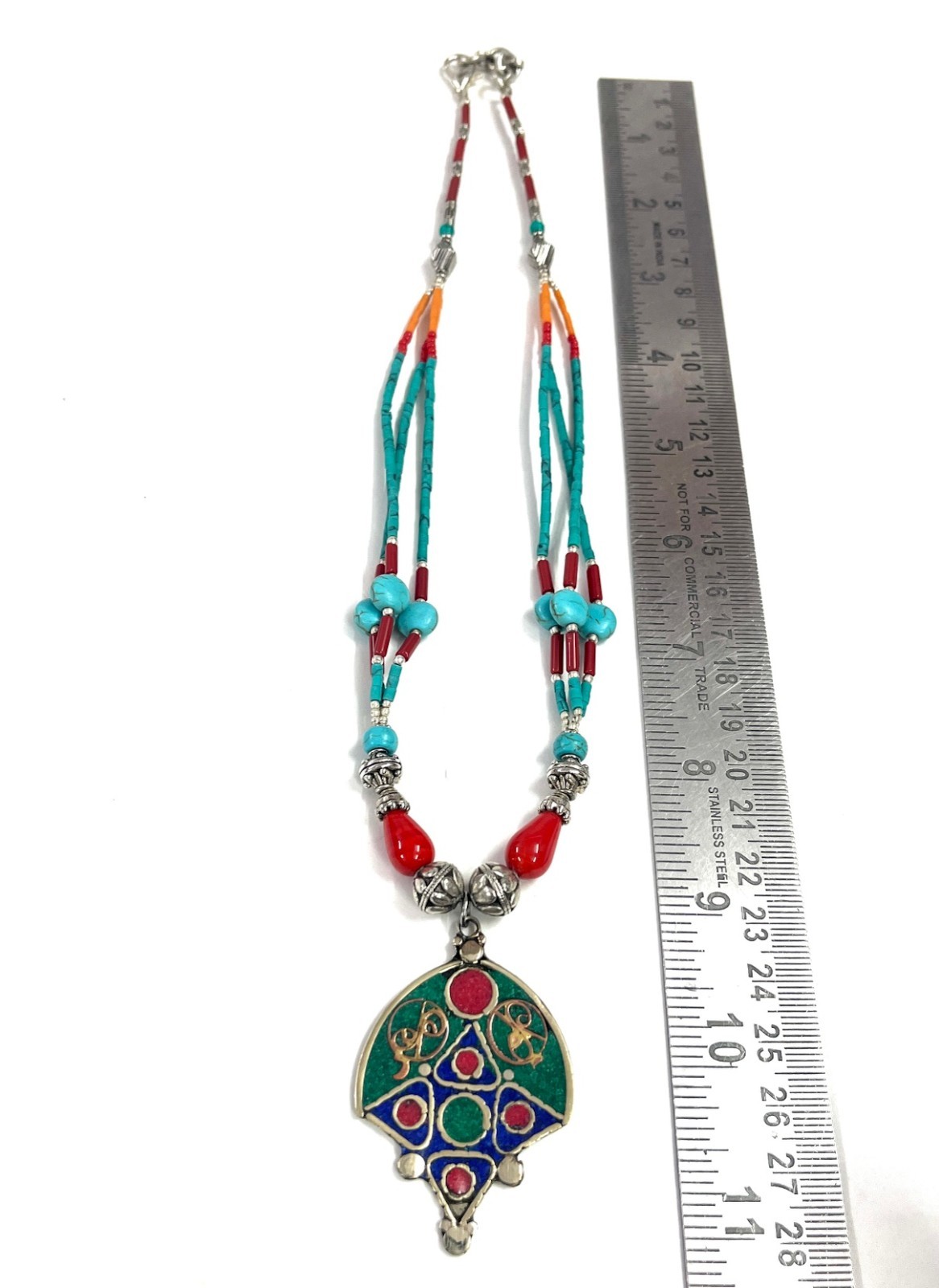 Malachite Turquoise Coral Gemstone Tibetan Pendant Necklace Jewelry, 18 Inc Adjs