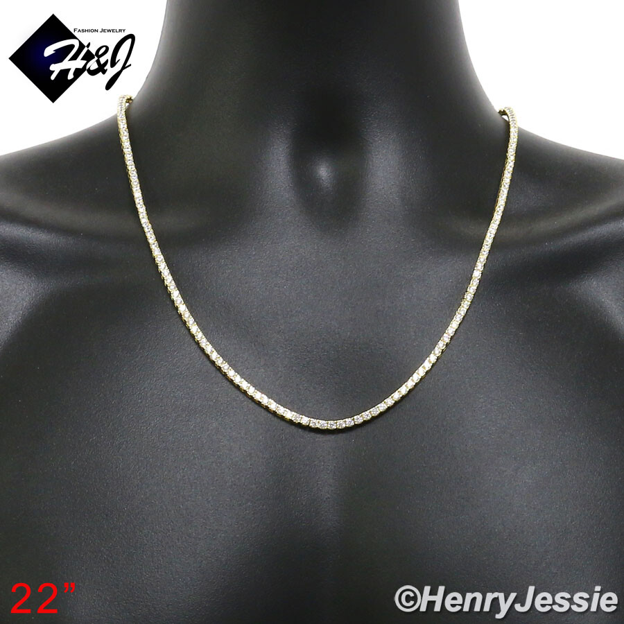 925 STERLING SILVER ICY BLING CZ 17-28″X3MM GOLD PLATED 1 ROW TENNIS NECKLACE*10