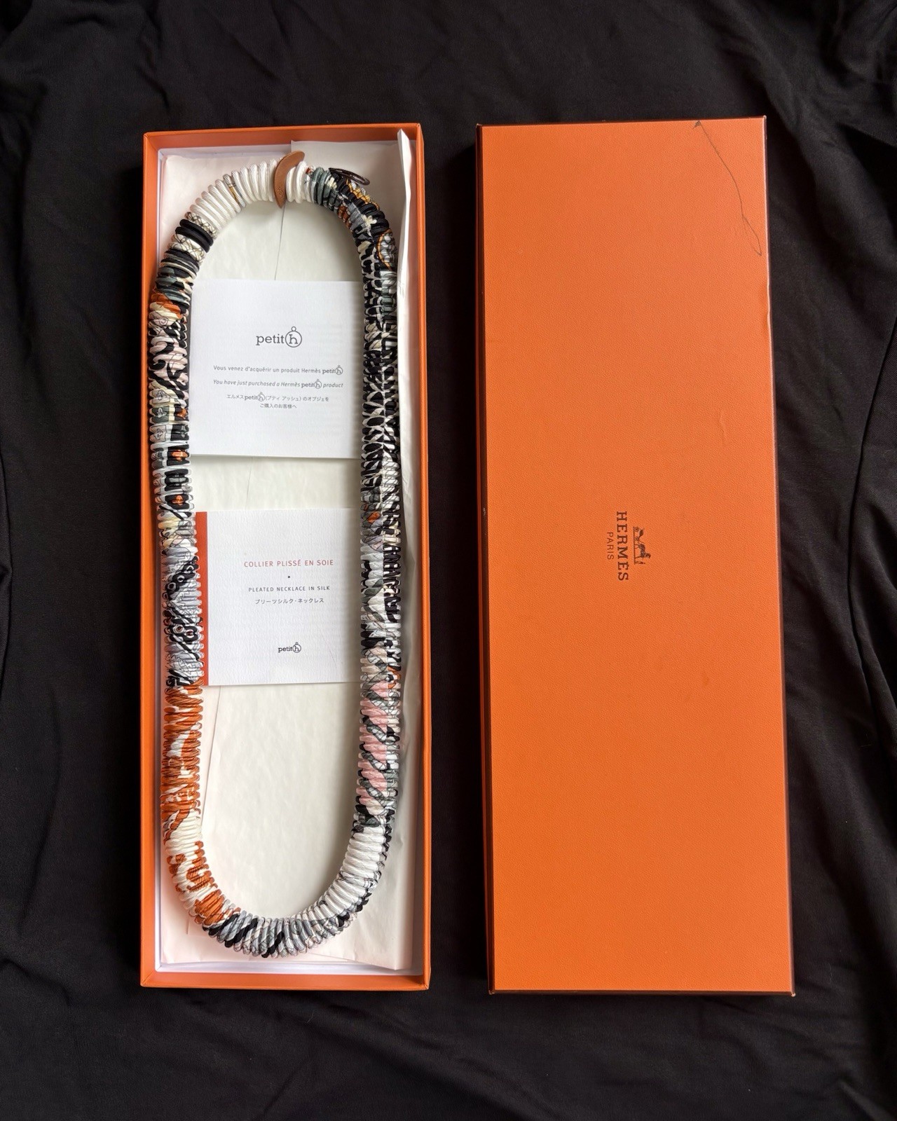 Hermes Petit H Pleated Necklace In Silk With Box