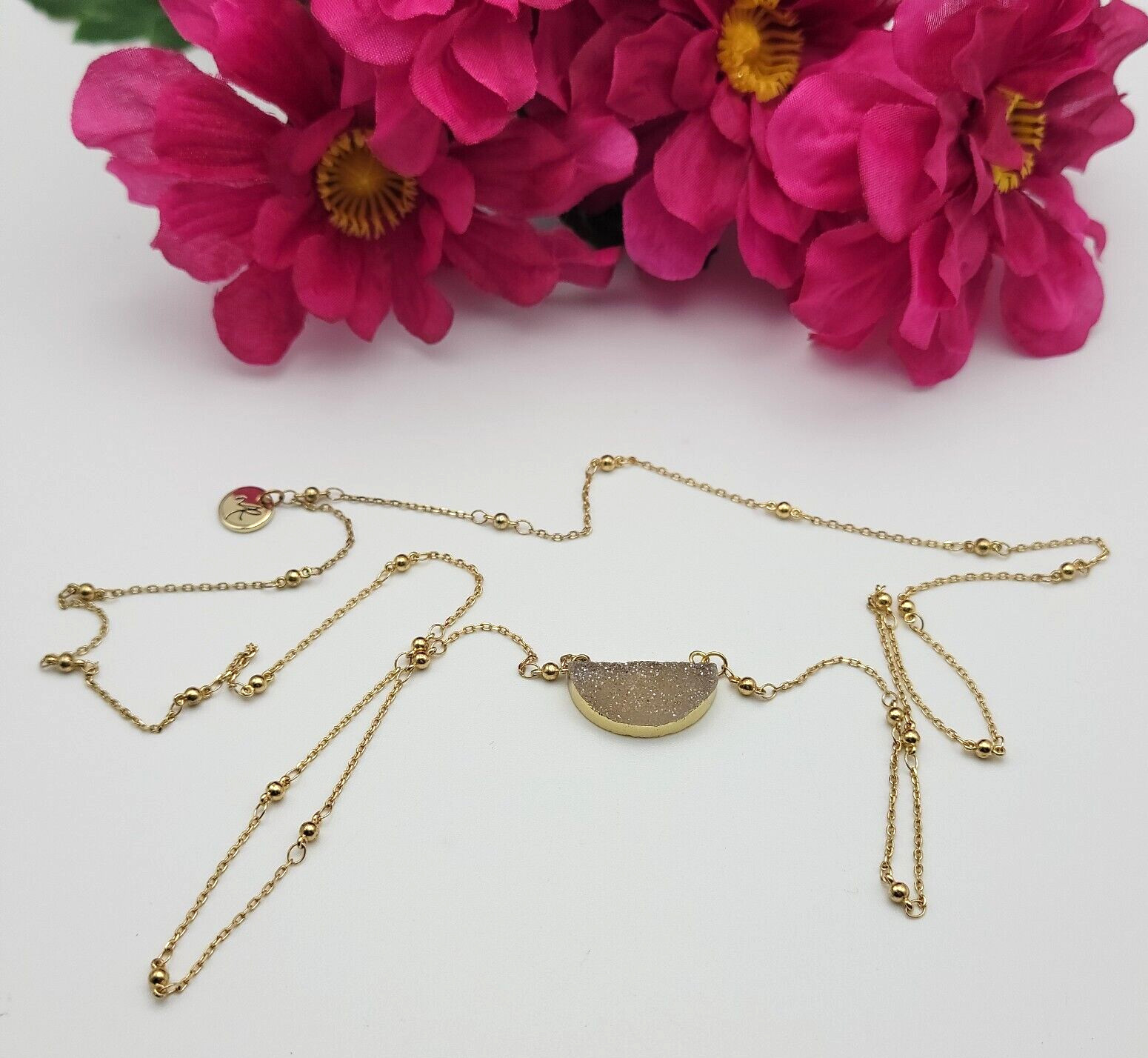 Gold Tone Half Moon Druzy Crystal Necklace 35″ Continuous Strand Signed NR