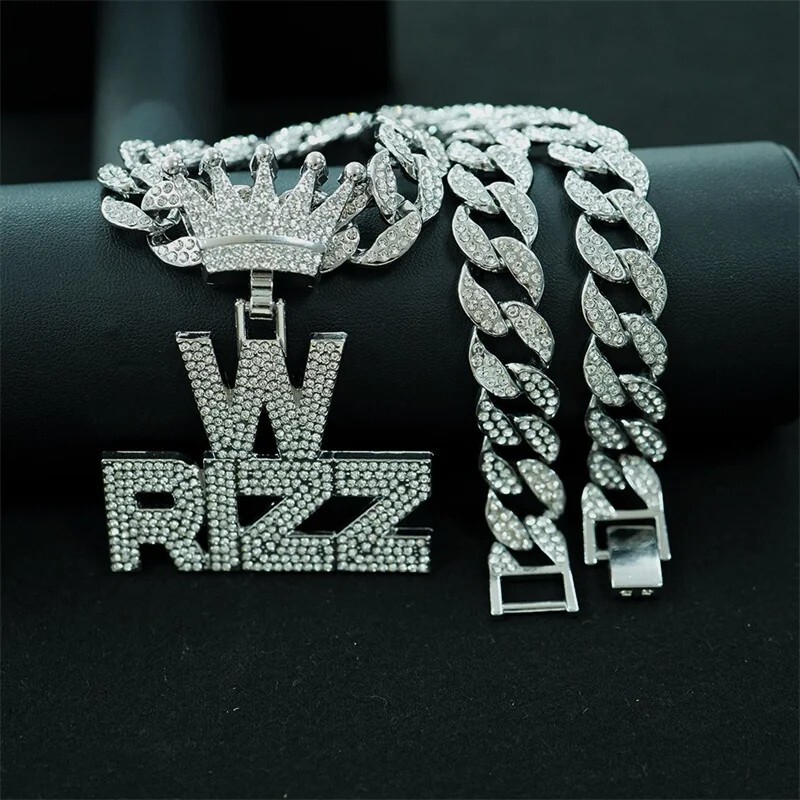 Iced W Rizz Crown Pendant Necklace CZ Bling Hip Hop Miami Cuban Link Chain Mens