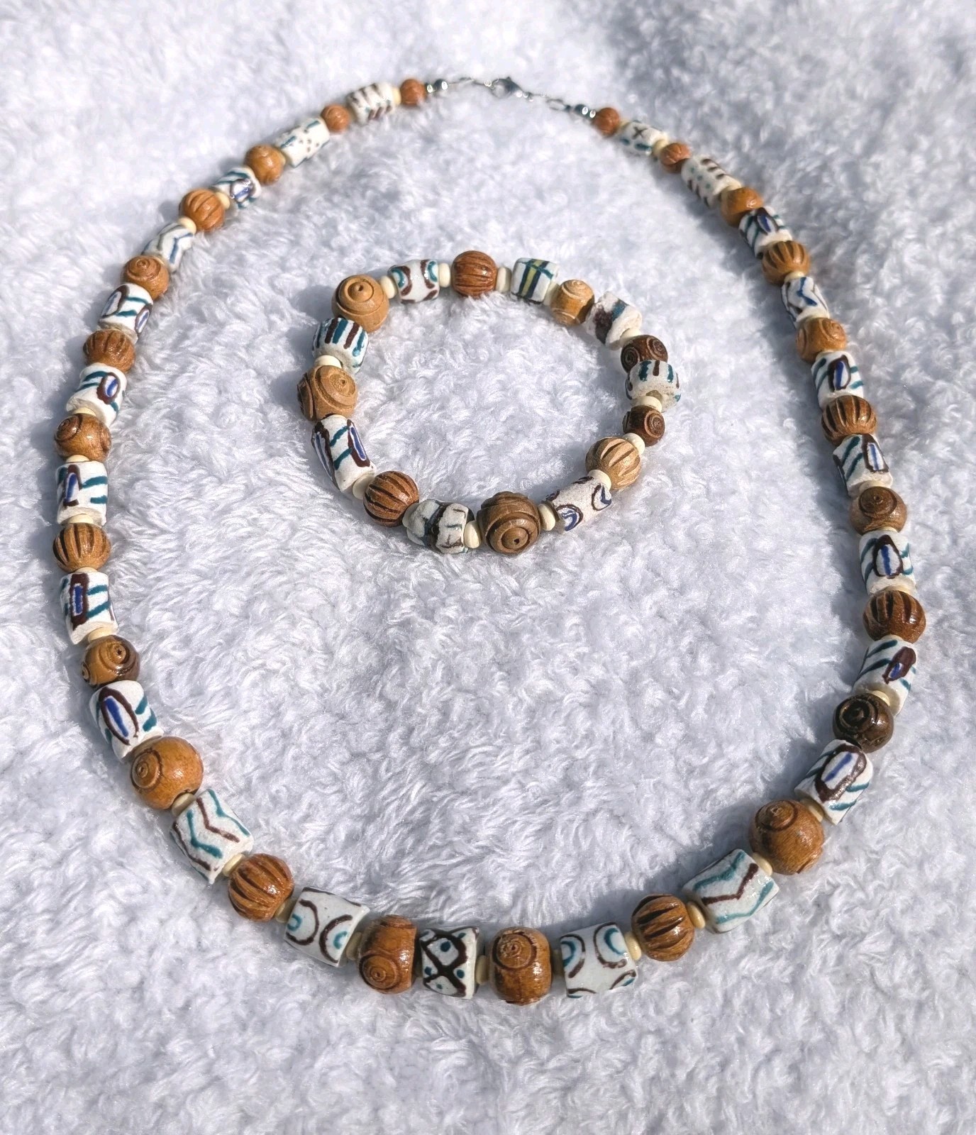 Men’s 24in Tribal Necklace and 8in sizeable Bracelet, White Krobo, for healing