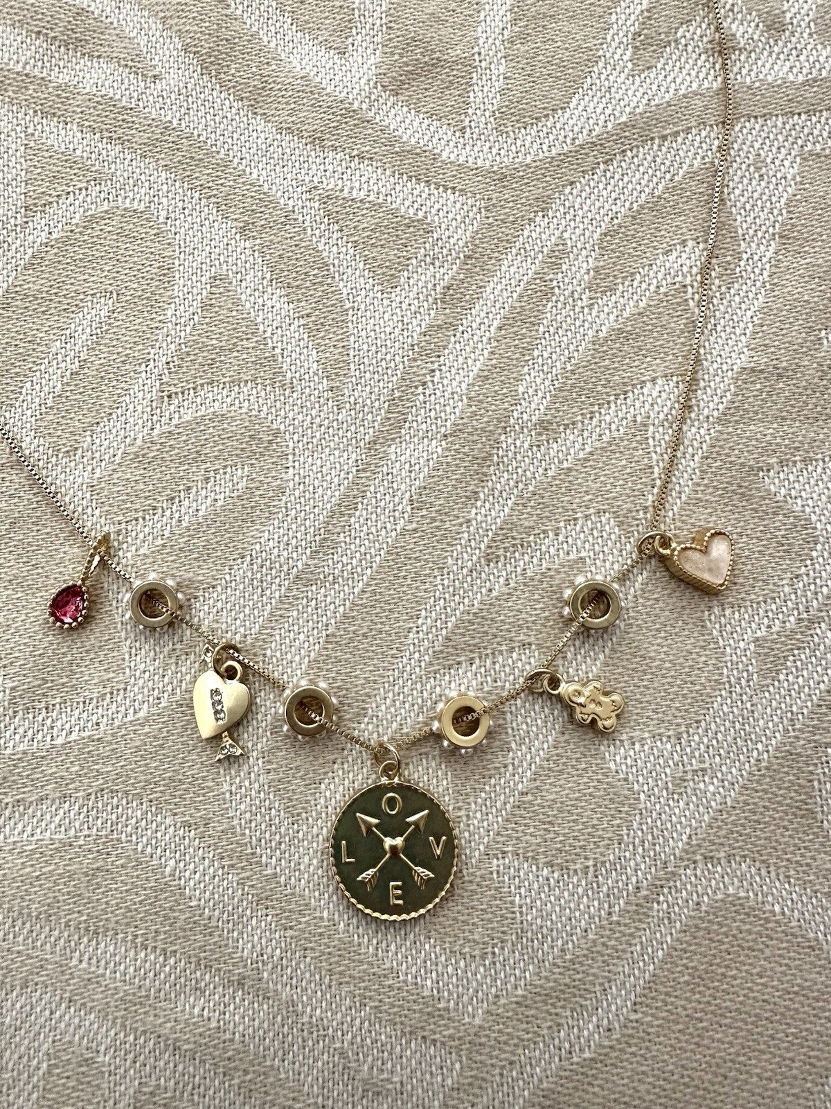 Aerie Gold Tone Charm Necklace Heart Teddy Bear LOVE Faux Pearl Adjustable 18-21