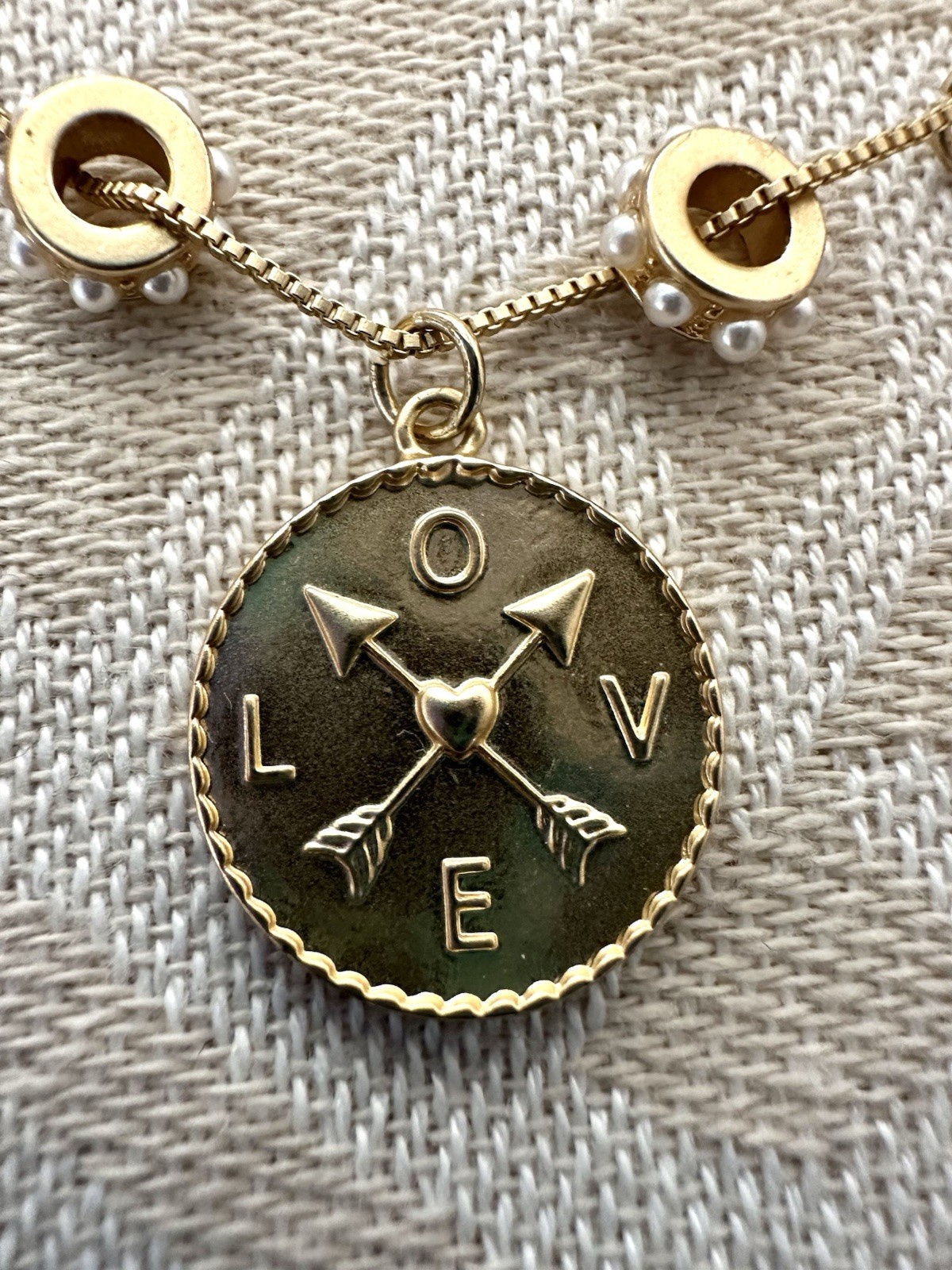 Aerie Gold Tone Charm Necklace Heart Teddy Bear LOVE Faux Pearl Adjustable 18-21
