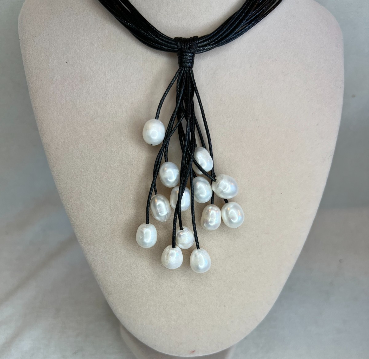 8-9mm white cultured freshwater pearl multi-strand black cord necklace NEW