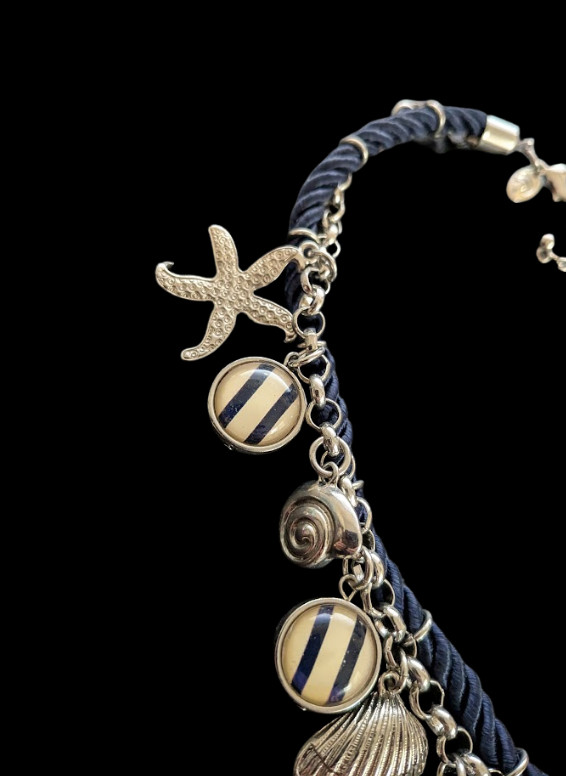Nautical Navy Blue Braided Rope Necklace Silver Tone Anchor Shell Charms Signed