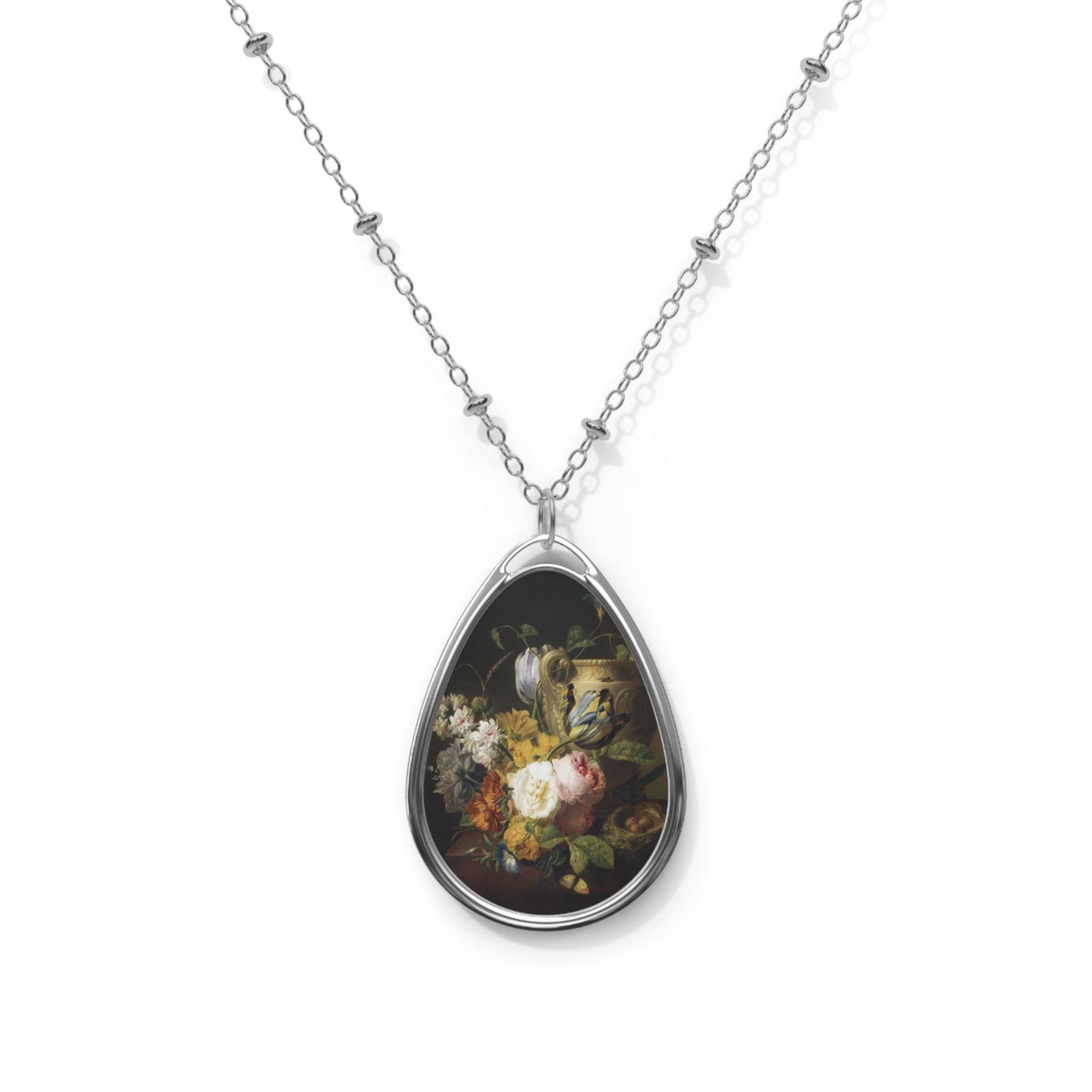 Flowers With A Vase Custom Oval Necklace – Elegant Silver Pendant