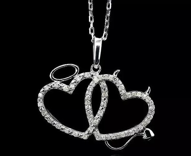 Stunning Double Heart Pendant Round Cut Simulated Diamond 14K White Gold Plated