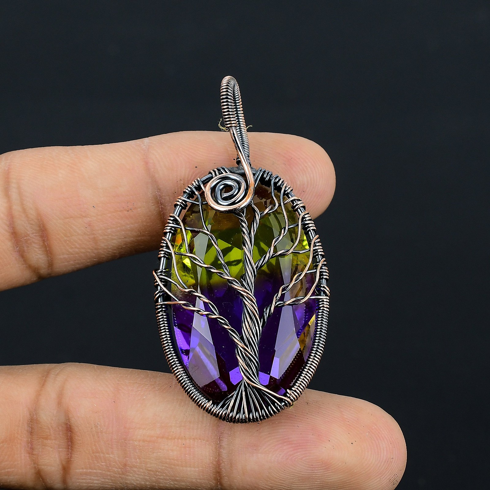 Bi Color Tourmaline Gemstone Copper Wire Wrap Jewely Pendant 2.2″ D797