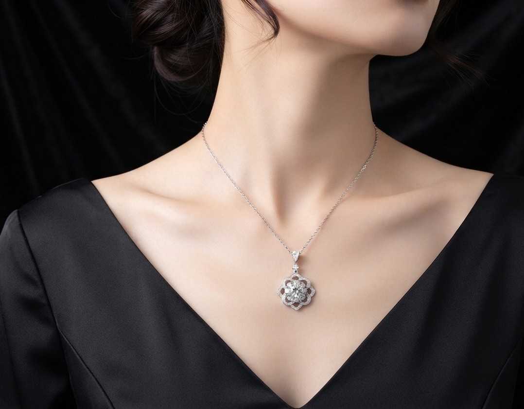 Moissanite Floral Pendant Necklace, Sterling Silver Flower Cluster Charm,