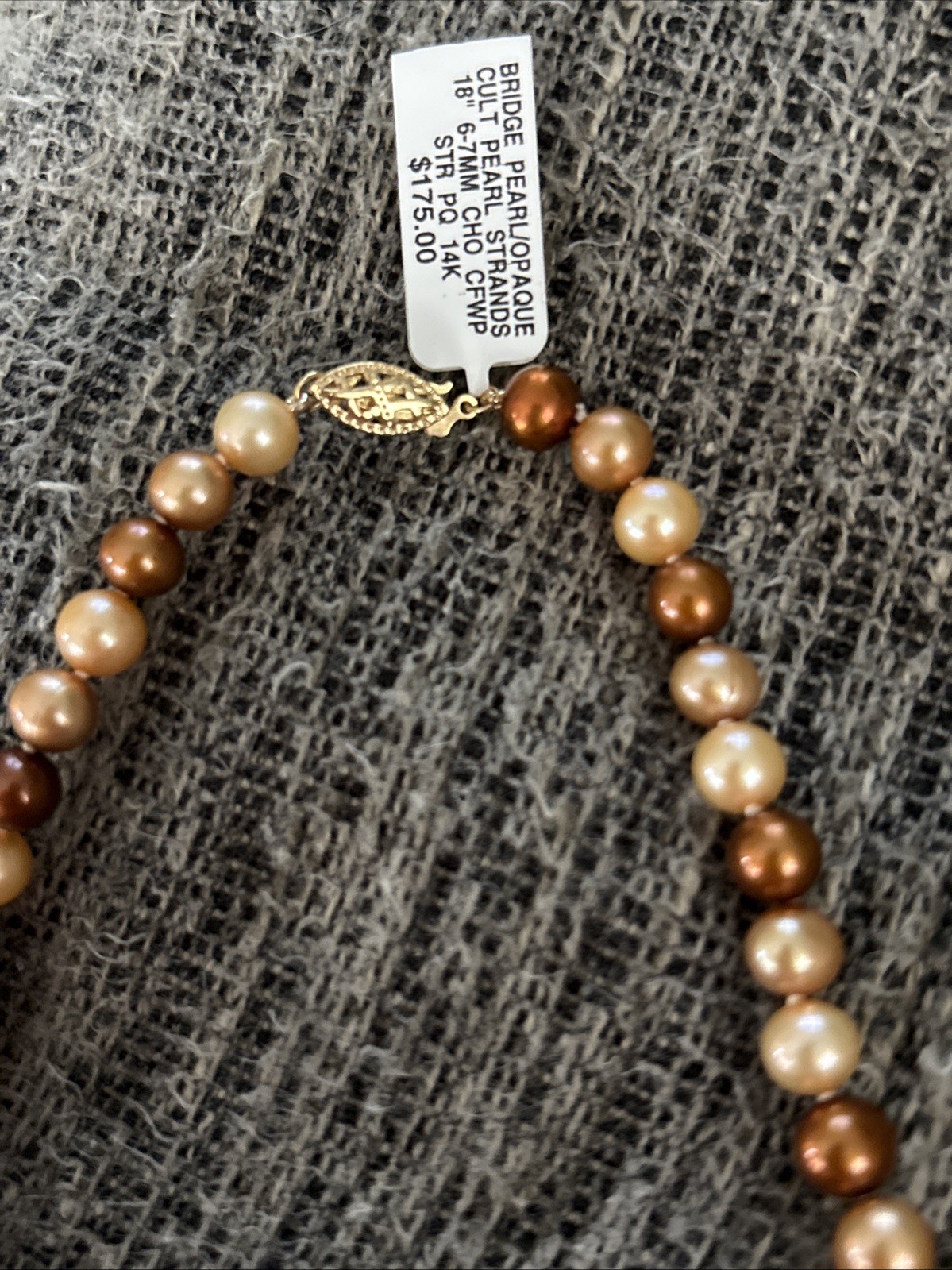New Bridge Pearl/Opaque Cultured Strand 18” 6-7MM 14k- $175 Neural Colors