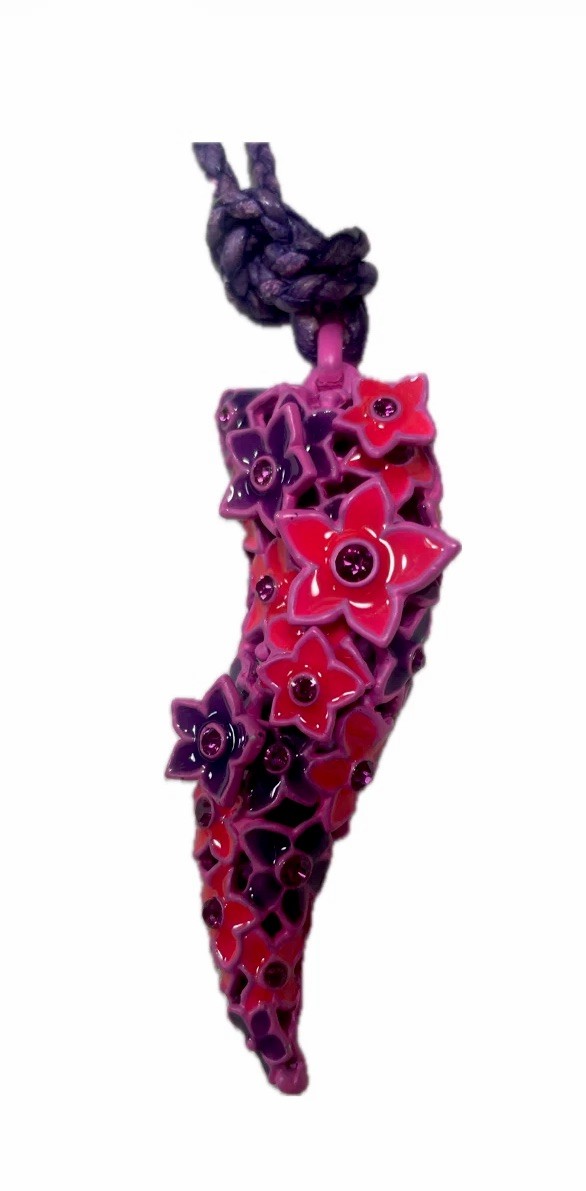 Roberto Cavalli Flower Cornicello Horn Pendant Necklace Purple Pink Italy