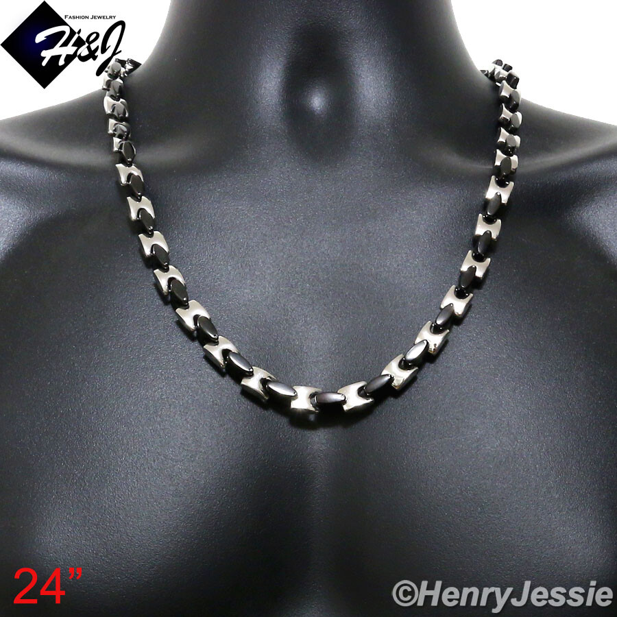 18-40″MEN Stainless Steel 8mm Silver/Black Plated Interlock Bones Chain Necklace