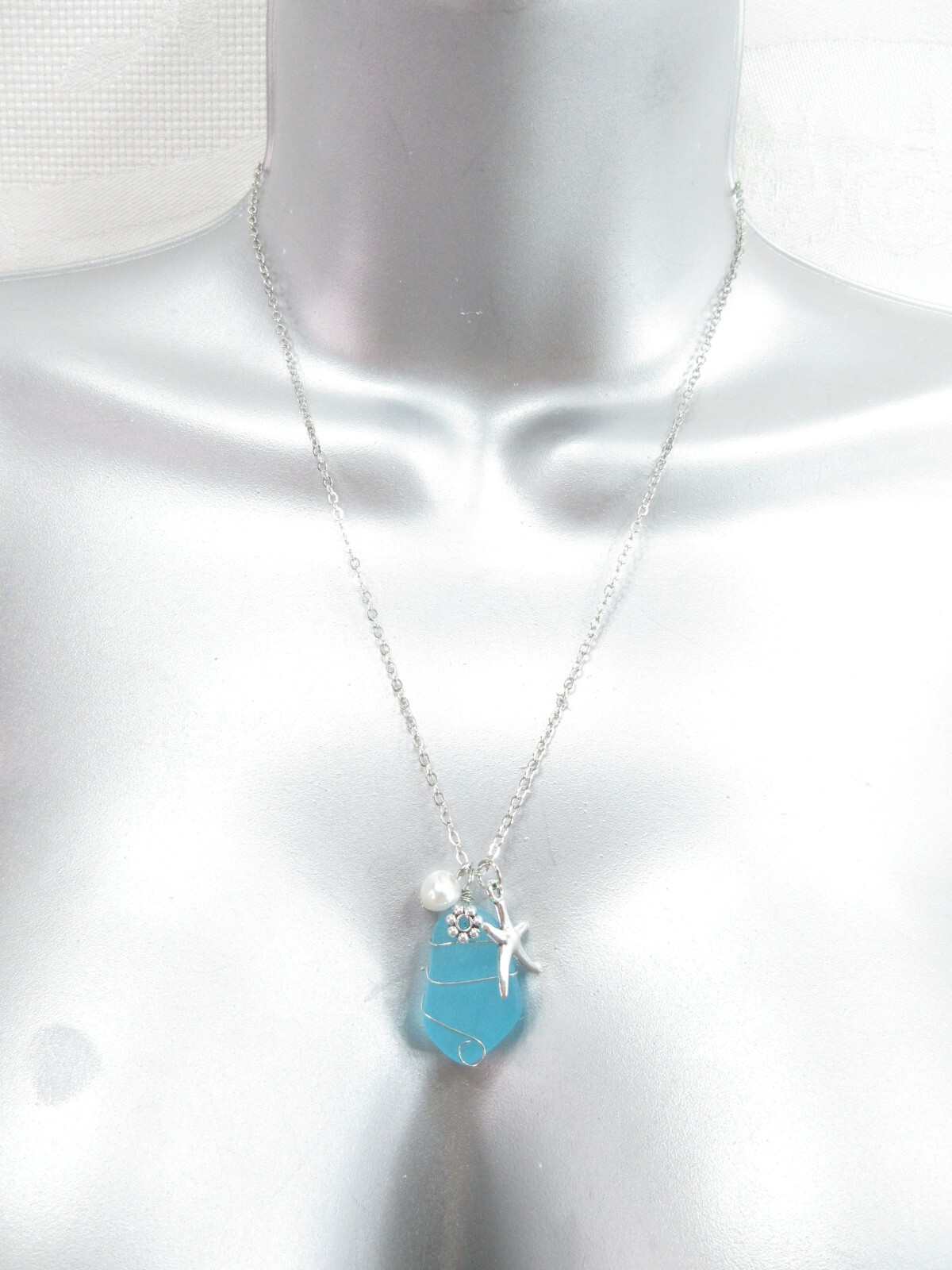 Beach Sea Glass Necklace Blue Silver Starfish Pearl Charms Turquoise Silver New