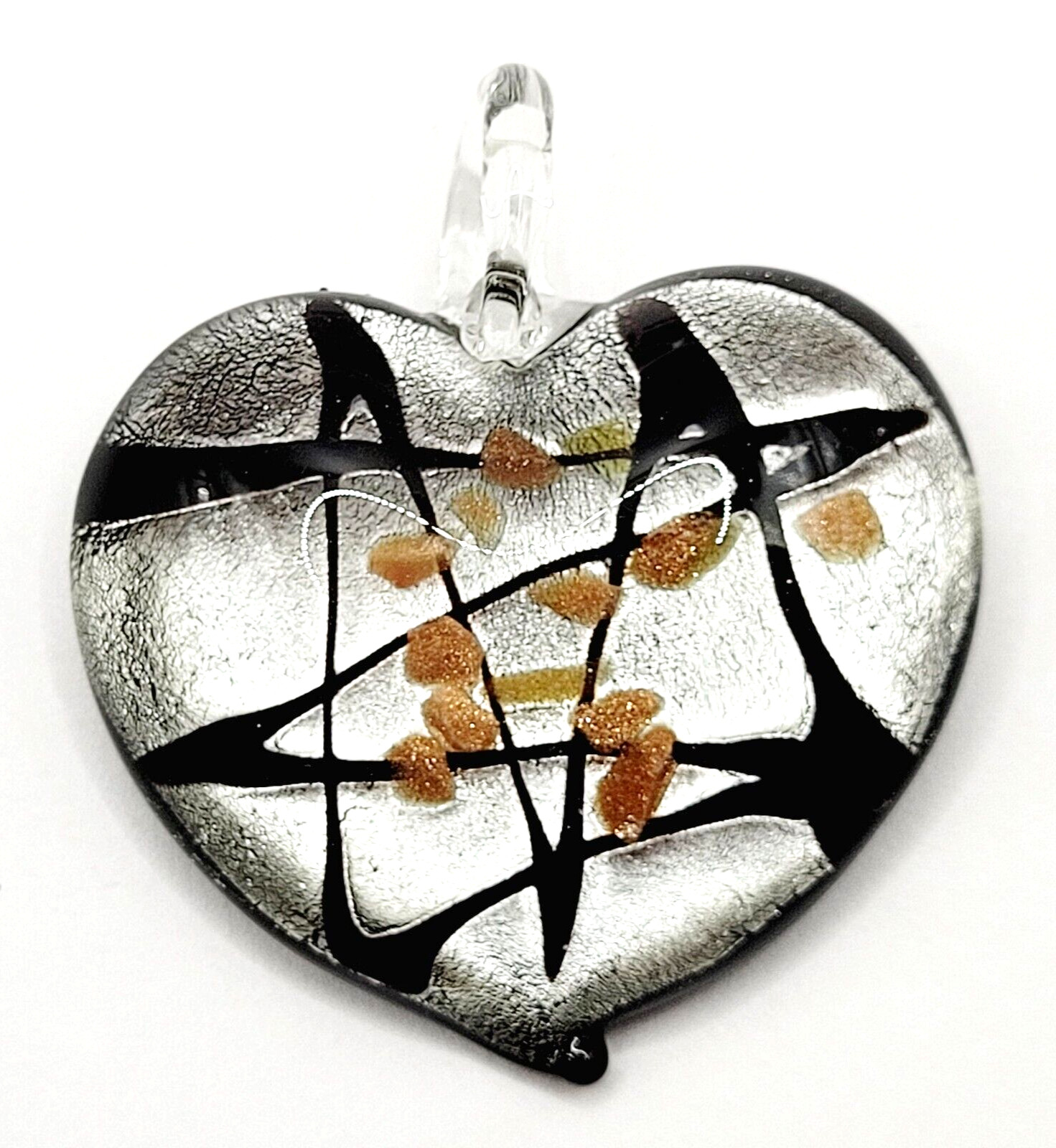 Artisan Modern Art Glass Heart Pendant Silver Black Gold Color Foiled Glitter
