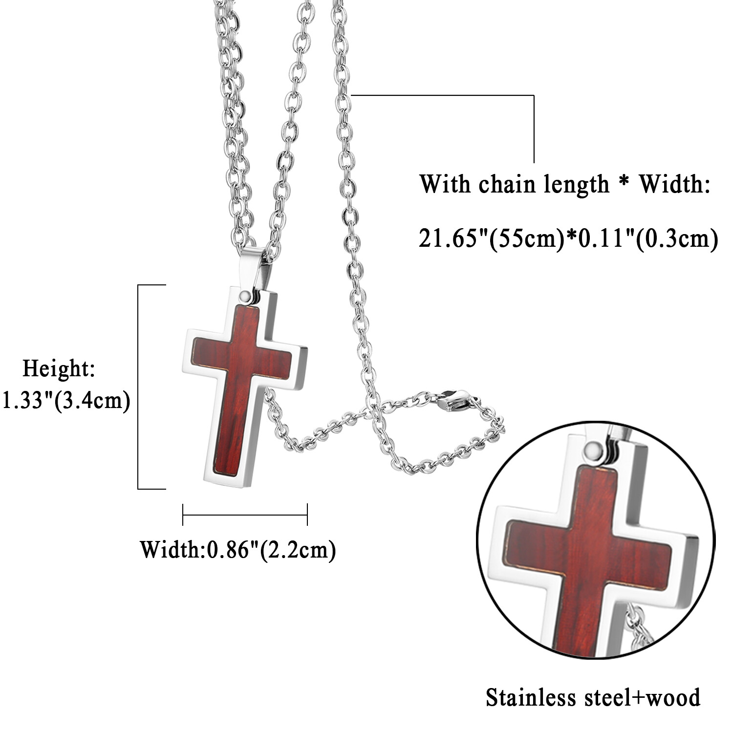 Men Women Stainless Steel Wooden Cross Pendant Chain Necklace Religious Prayer