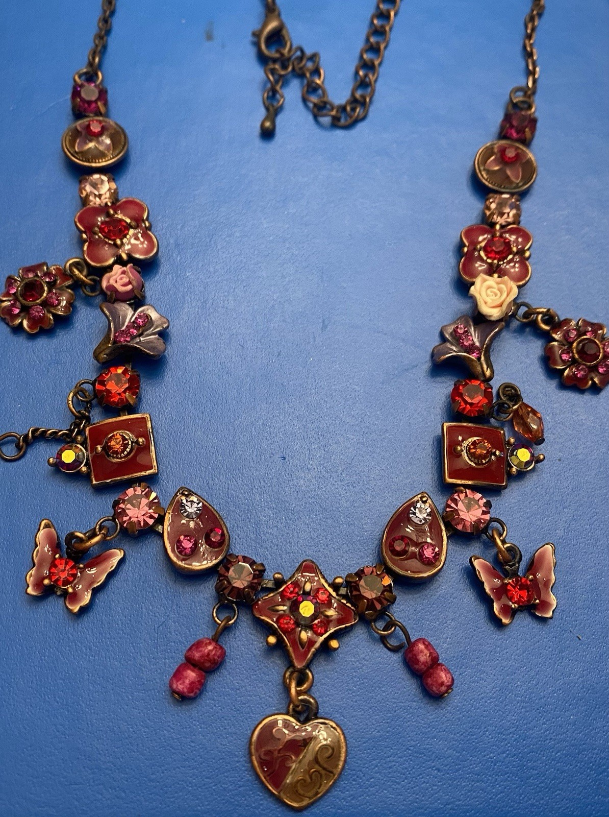 🐝 the Lady in Red 15”-18” Whimsical Red & Pink Bronze Tone Statement Necklace