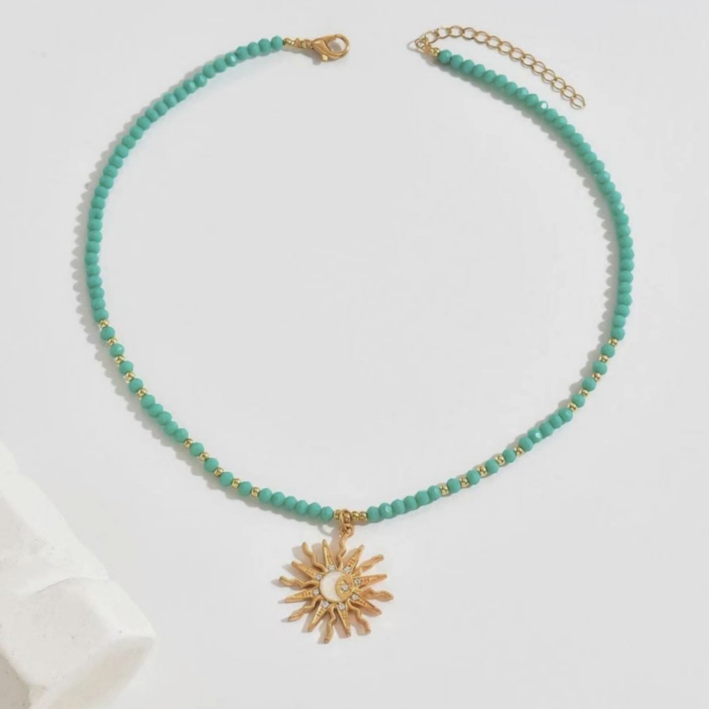 Boho Turquoise Beaded Sun & Moon CZ Gilded Charm Adjustable Necklace Choker