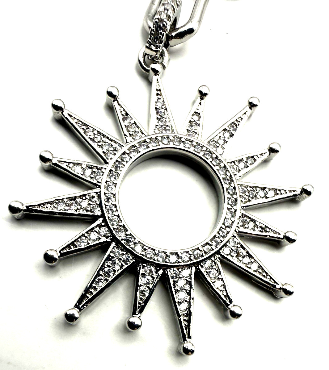 MELANIA CLARA 17″ Silver Tone Crystal Sunburst Pendant Front Clasp Necklace