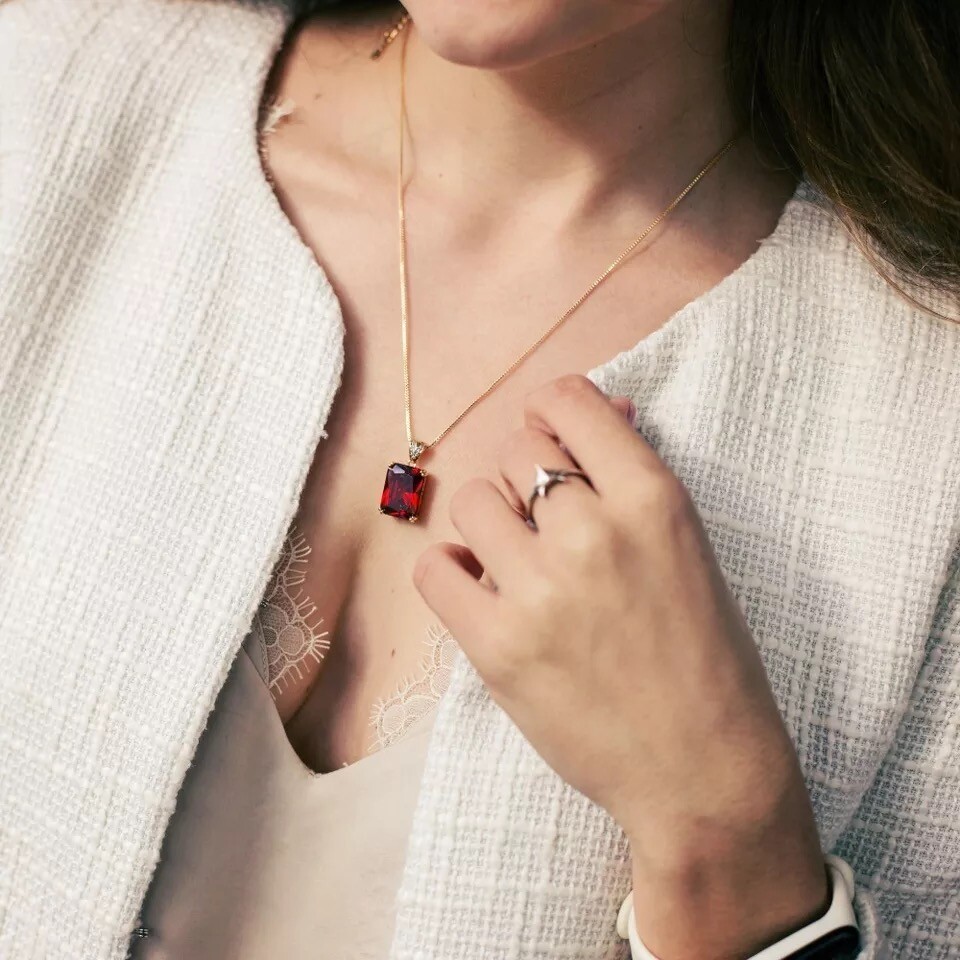 ZARD Emerald Cut Red Cubic Zirconia Pendant in 14K Gold Necklaces