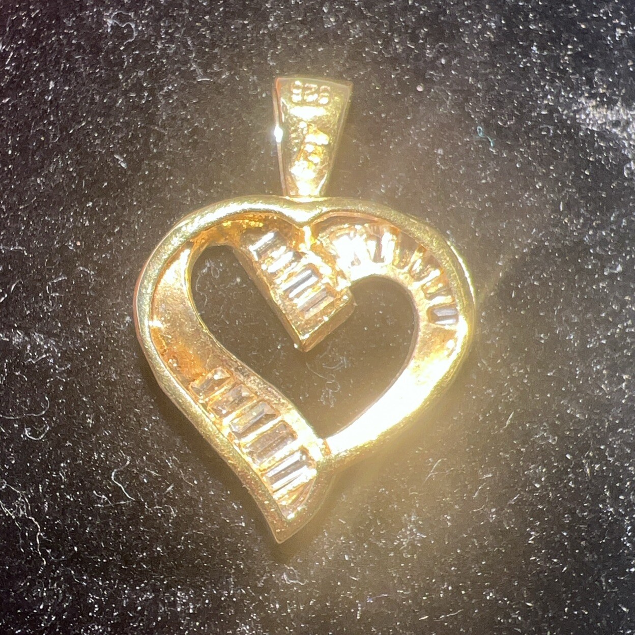 Modern Clear Cz Baguette Heart Pendant for Necklace Gold over Sterling Silver