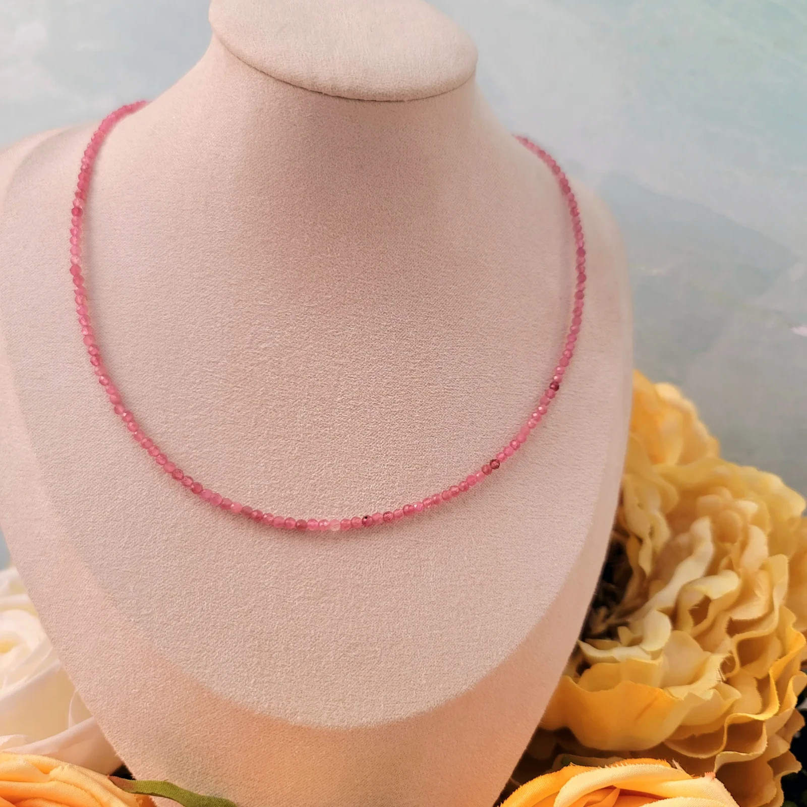 Pink Tourmaline 2mm Crystal Gemstone Beads Minimalist Dainty Choker Necklace