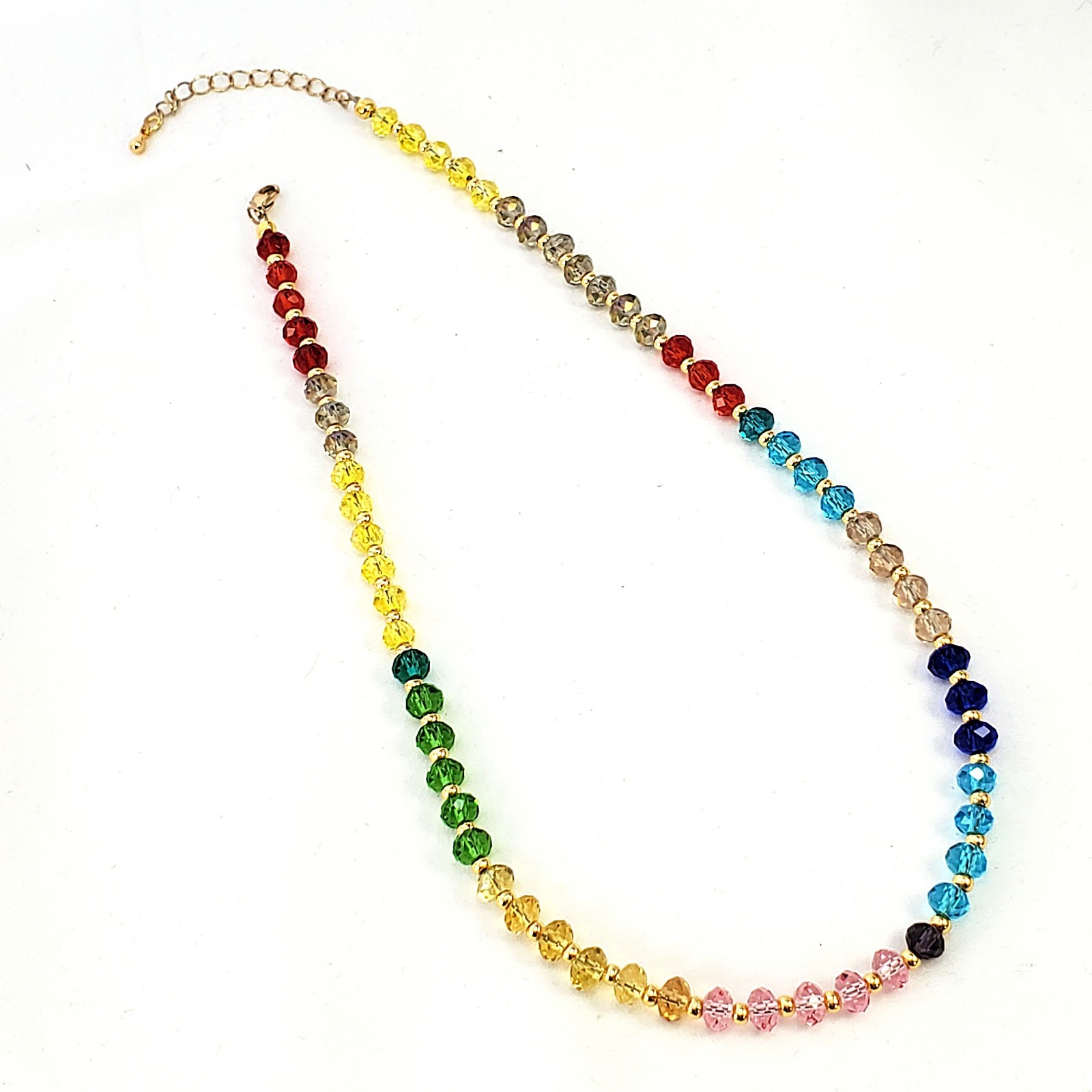 Multicolor Faceted Rondelle Glass Bead Necklace Gold Tone 17.5″ to 19″
