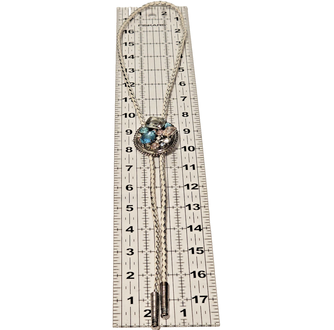 VTG White Silver Tone Braided Bolo Tie Chunky Crystal Prong Set Stones SW GLAM