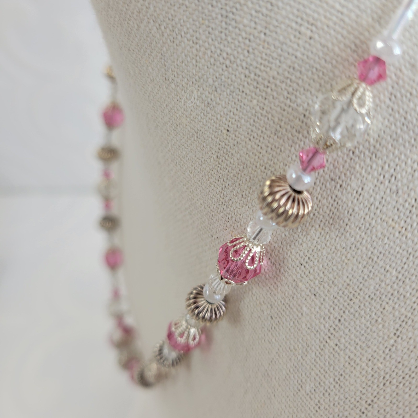 Lampwork Beaded Necklace Pink Crystal Floral Silver Tone Magnetic Clasp 18 Inch
